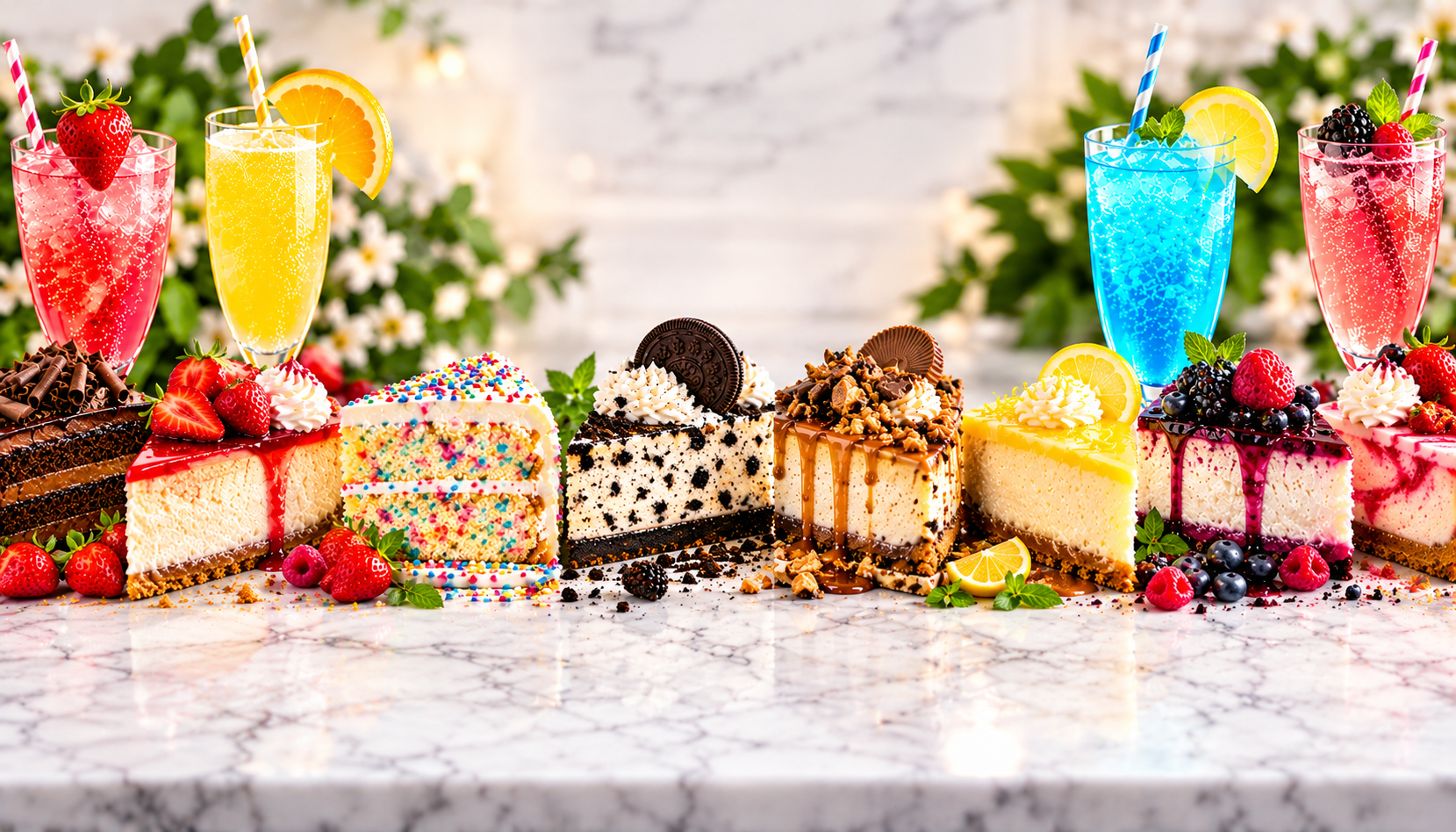Cakes and fizzy drinks on marble