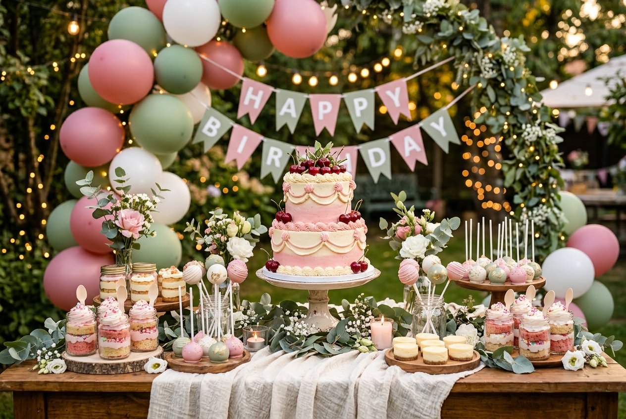 A cherry-topped party cake and dessert table with pink and green balloons